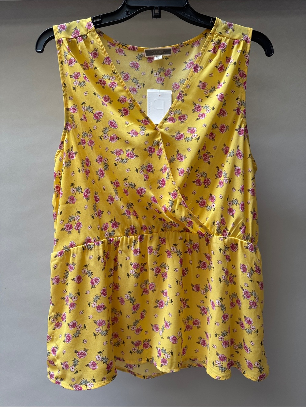 Pleione Yellow Floral V-Neck Blouse with Pink Bouquet Print